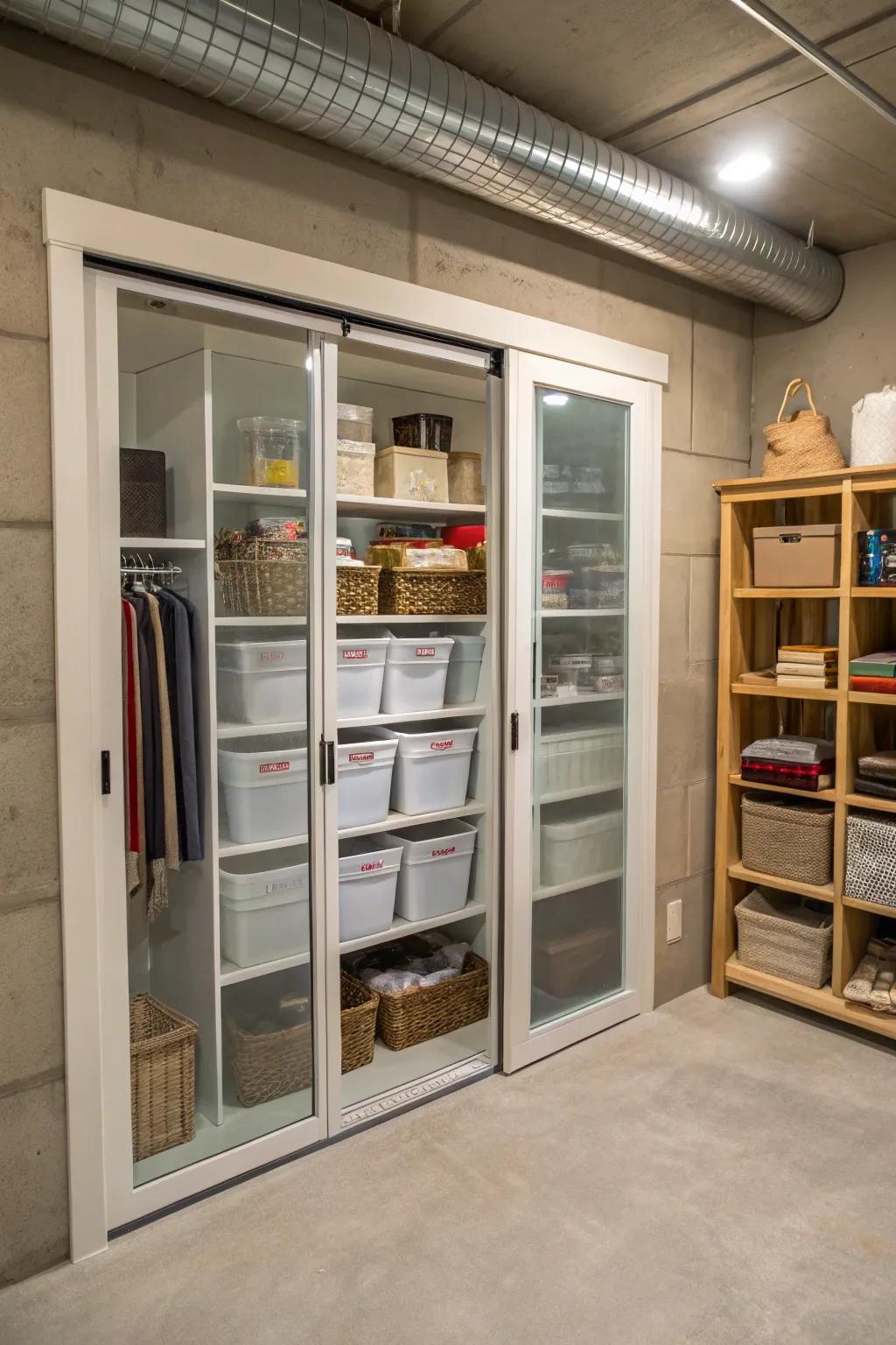 Glass doors bring sophistication and visibility to your basement closet.