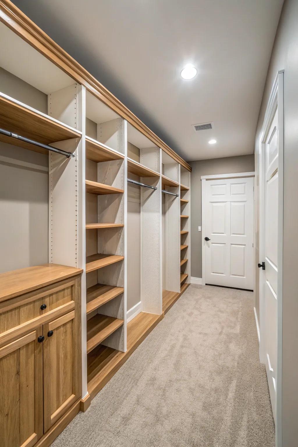 Light, neutral shades create an open and airy basement closet.