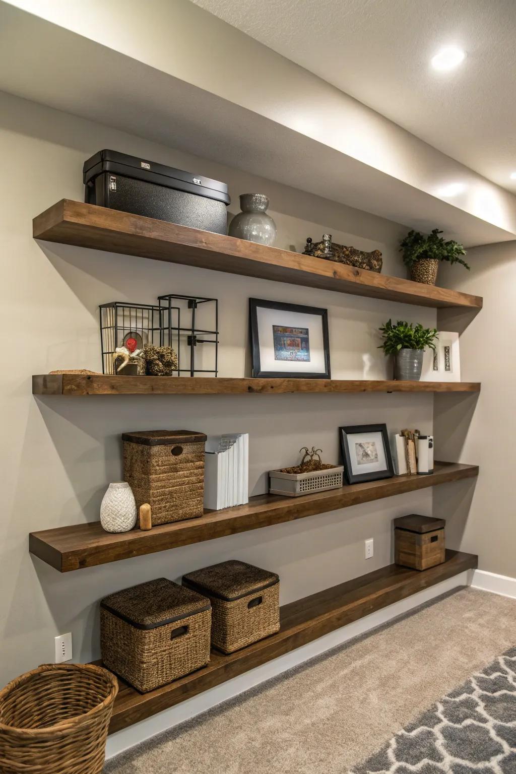 Floating shelves offer a sleek and contemporary storage option.