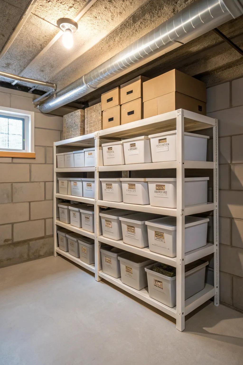 Corner shelves make the most of unused spaces in your basement closet.