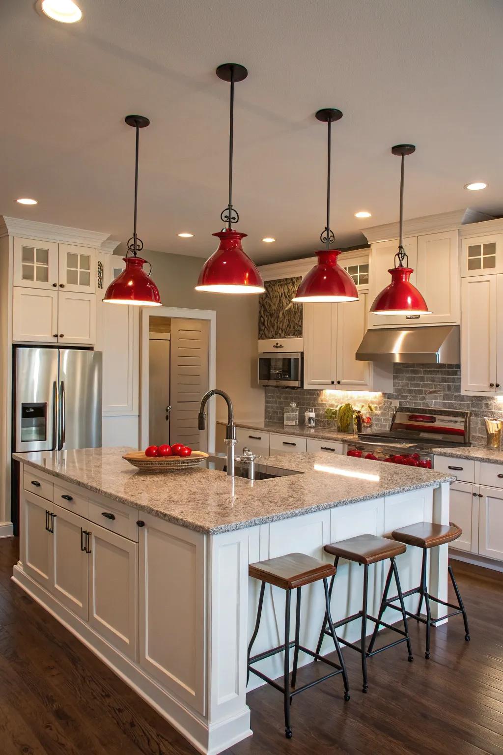 Chic red pendant lights add style and function to a modern kitchen.