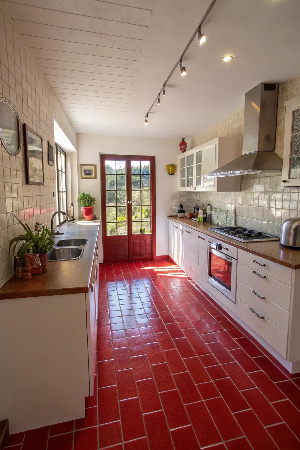 Bold red flooring creates a striking visual impact in this unique kitchen.