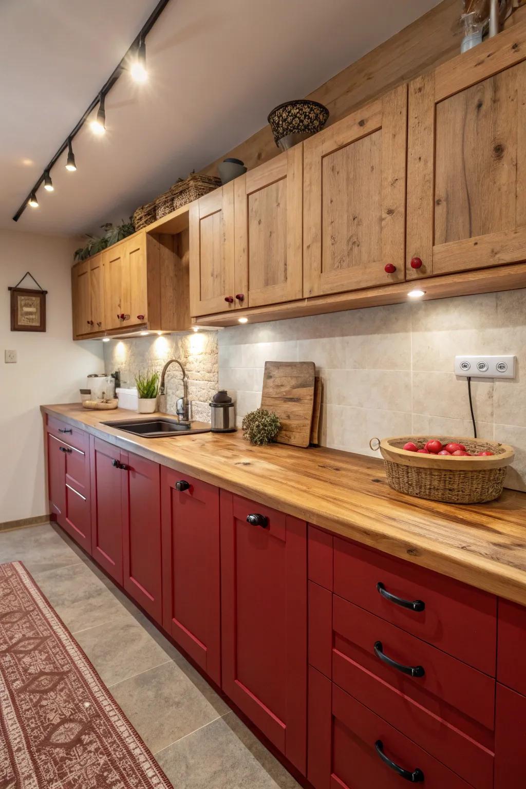 Red and wood elements create a cozy, rustic vibe in this kitchen.