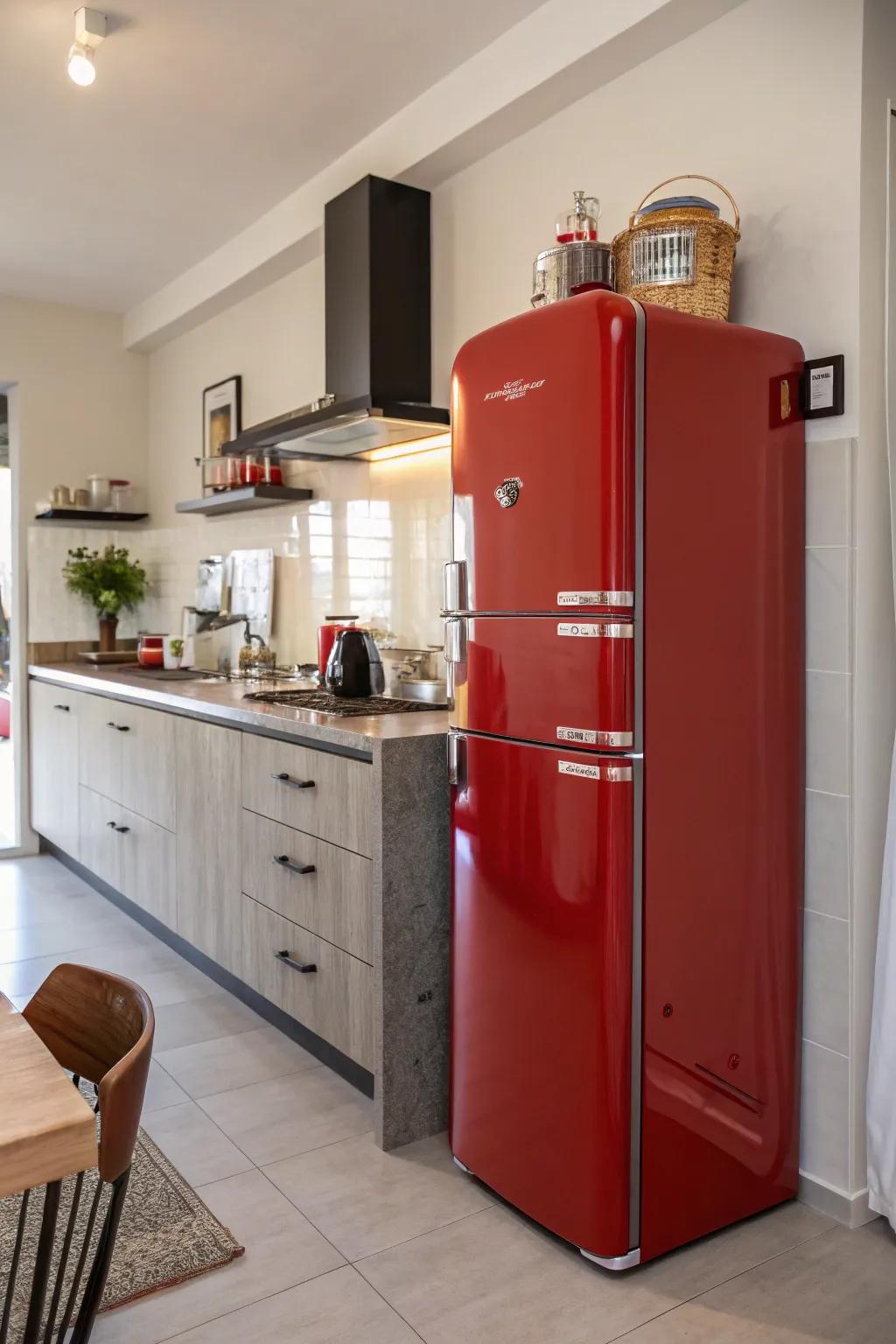 Red appliances add a playful yet stylish touch to a modern kitchen.