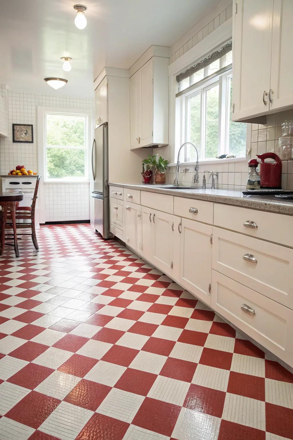 Retro red floor tiles bring nostalgia and charm to this kitchen.