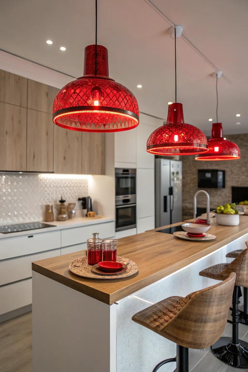 Innovative red lighting adds a modern twist to this stylish kitchen.