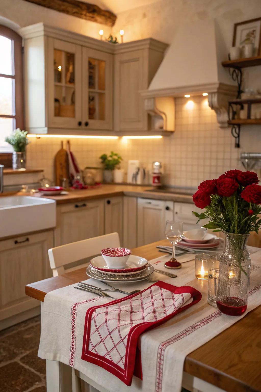 Subtle red accents infuse energy into a warm kitchen ambiance.