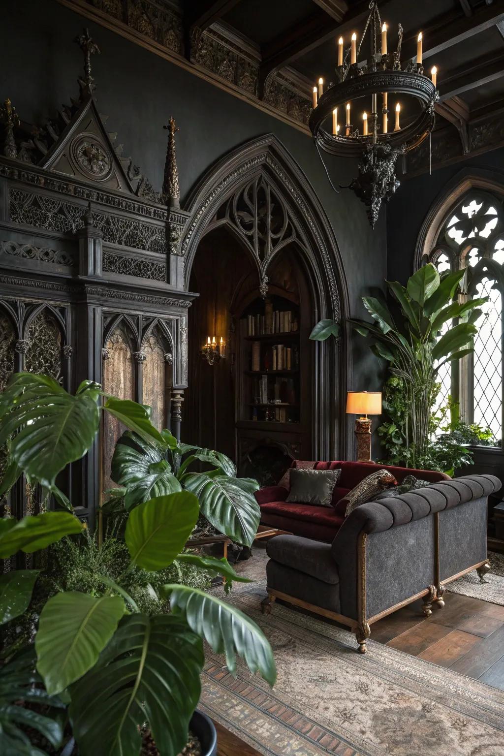 Dark-toned leafy plants breathe life into a moody interior.