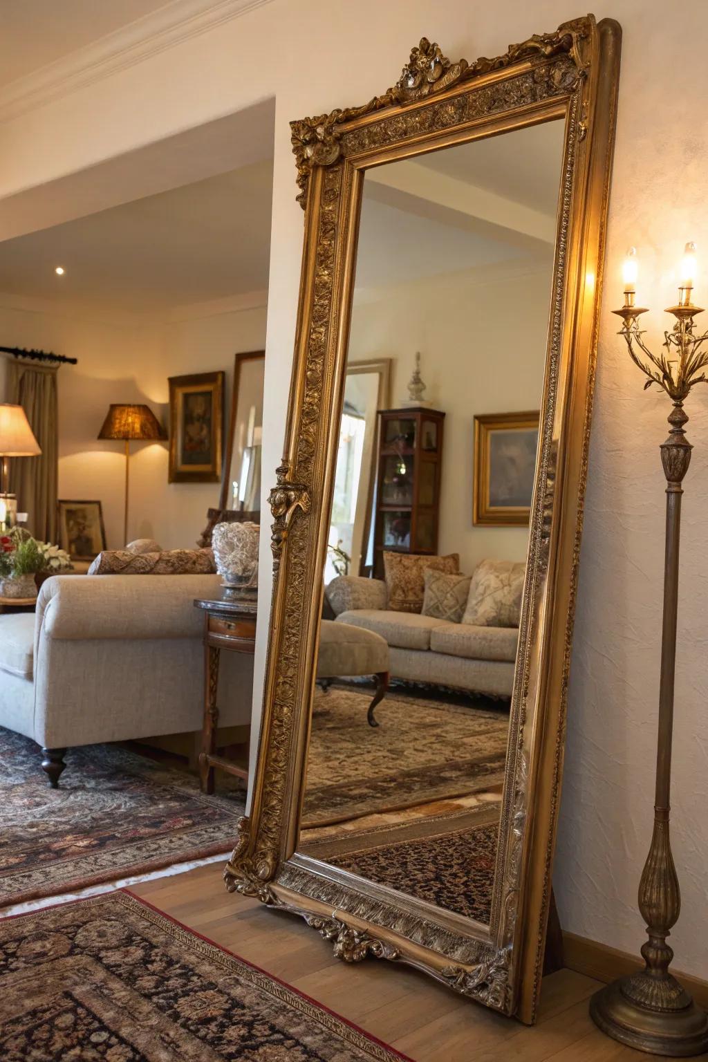 Vintage mirrors add timeless sophistication.