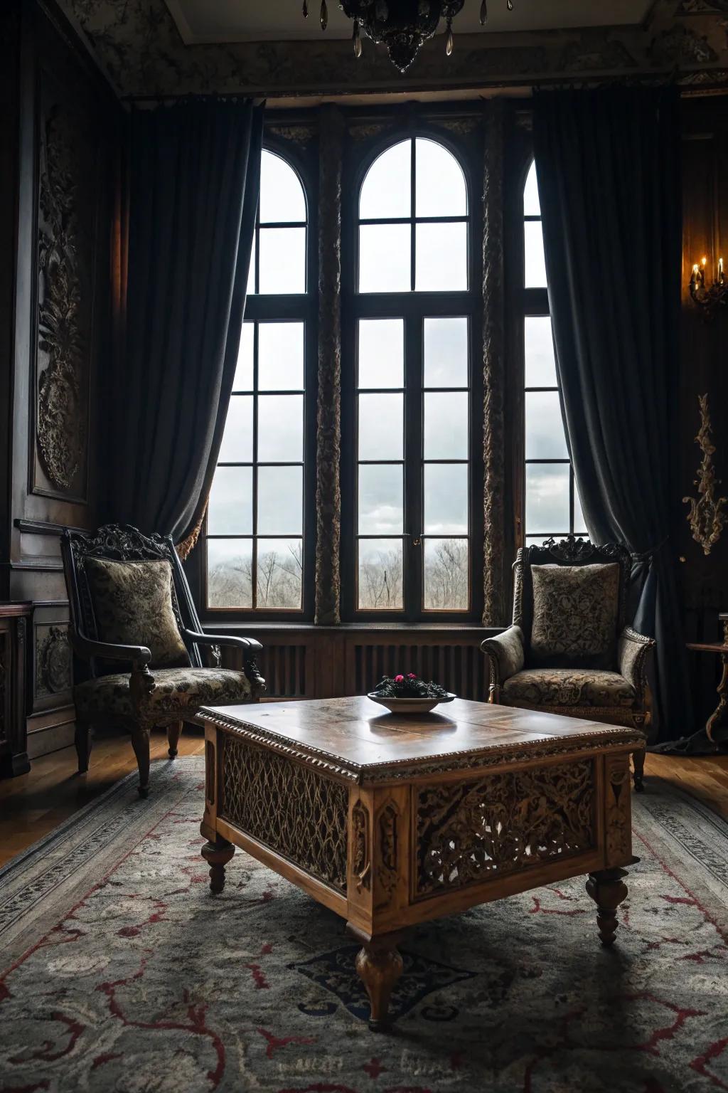 Elaborate furniture adds historical richness.