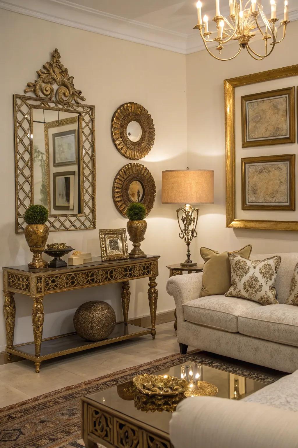 Metallic touches add glamour to dark interiors.