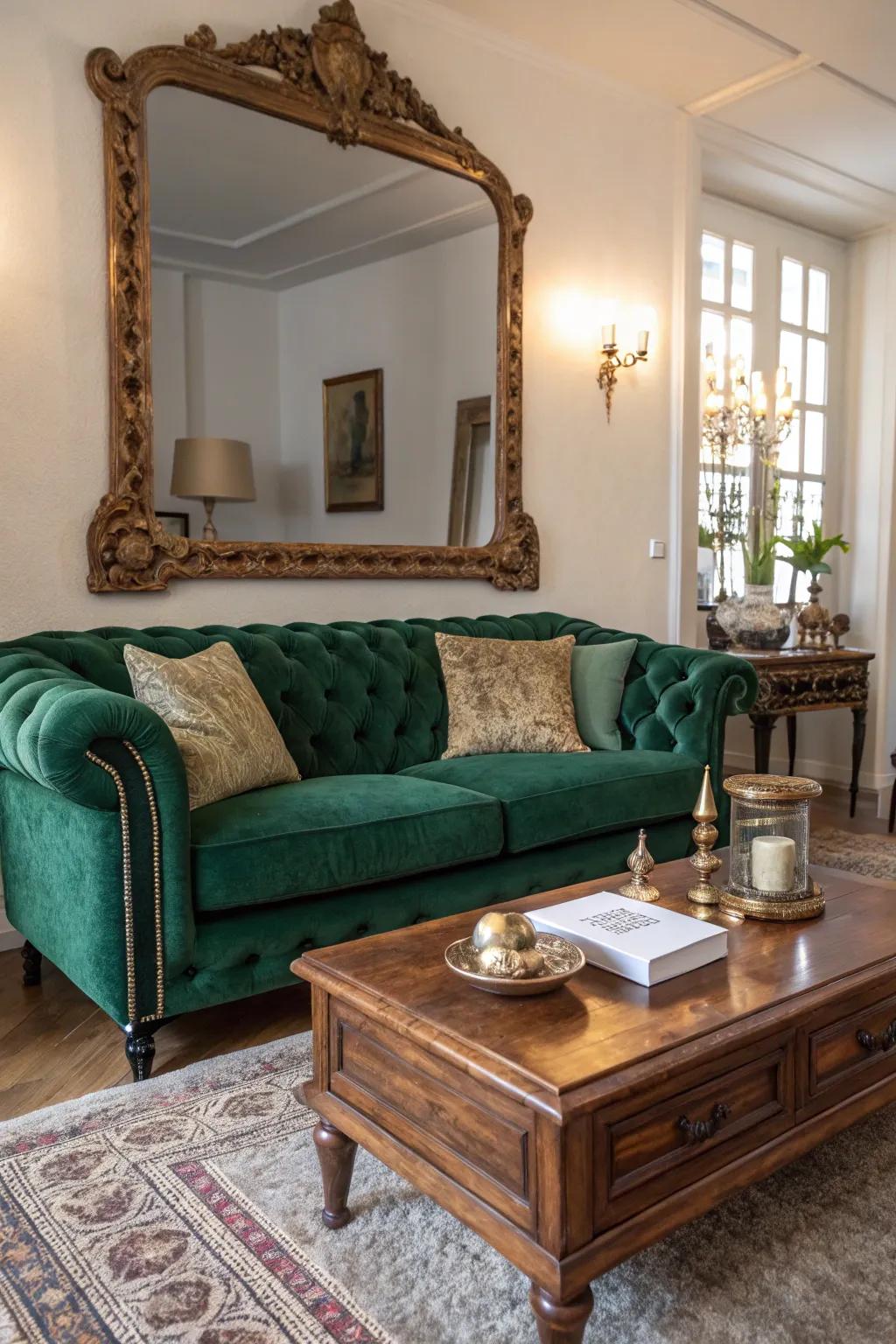 Velvet furniture adds richness and comfort to gothic interiors.