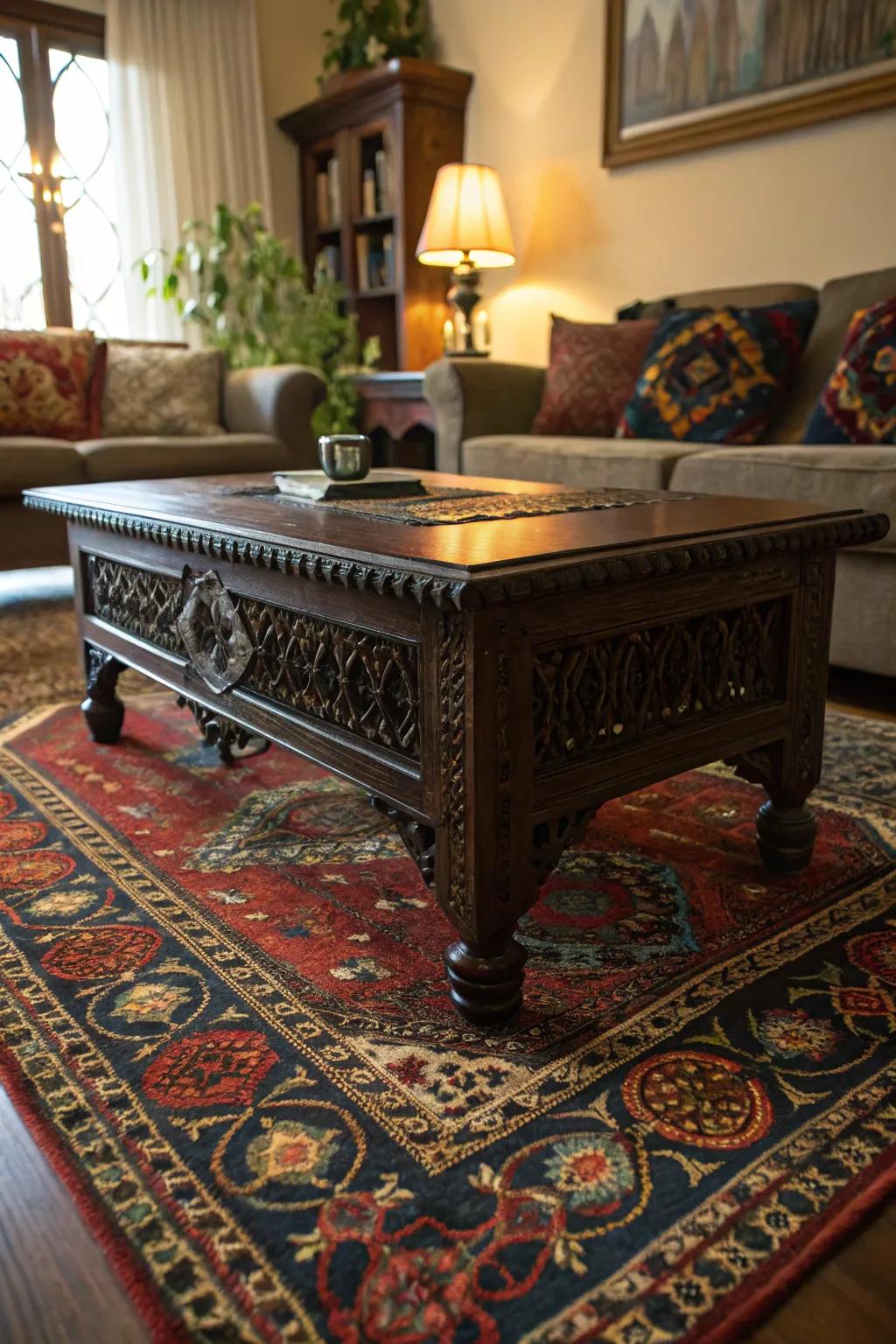 Ornate rugs add texture and define living spaces.