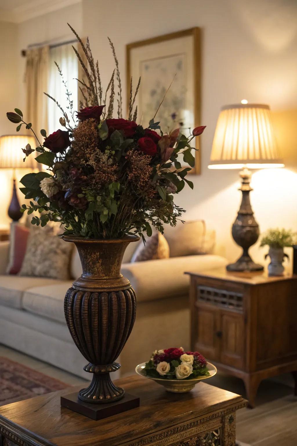 Dark floral arrangements add romance and intrigue.