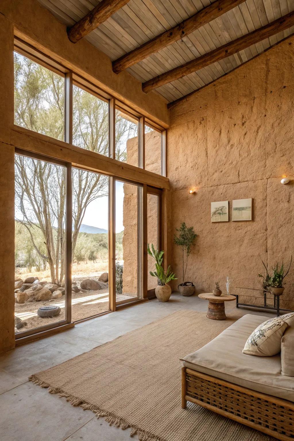 Rammed earth walls offer sustainability and style.
