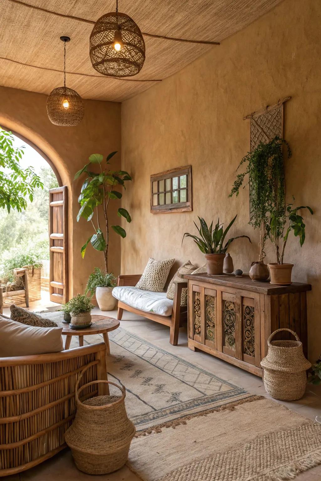 Natural mud finish walls bring earthy tones and textures.