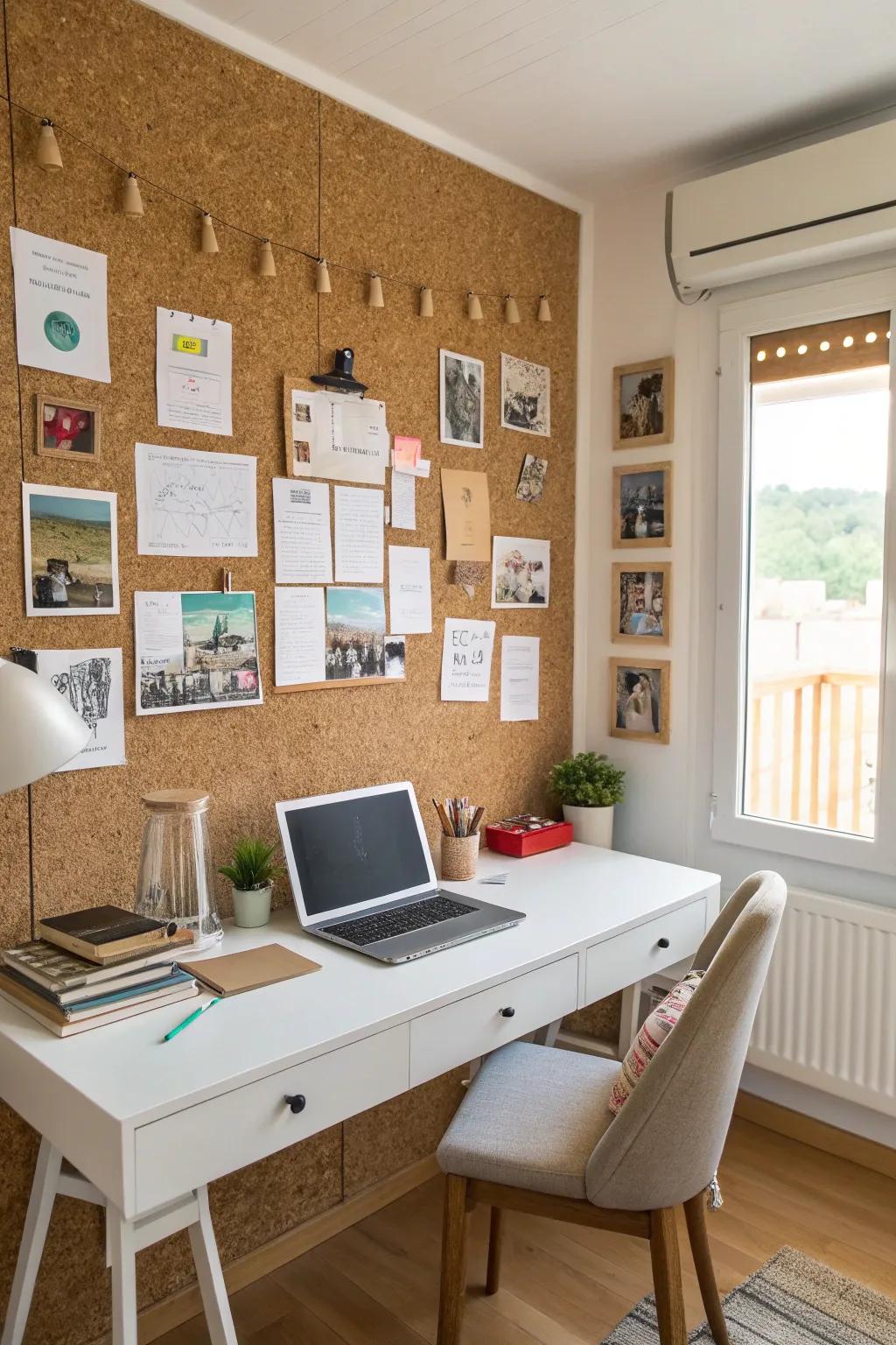 Cork walls provide a unique and functional design element.