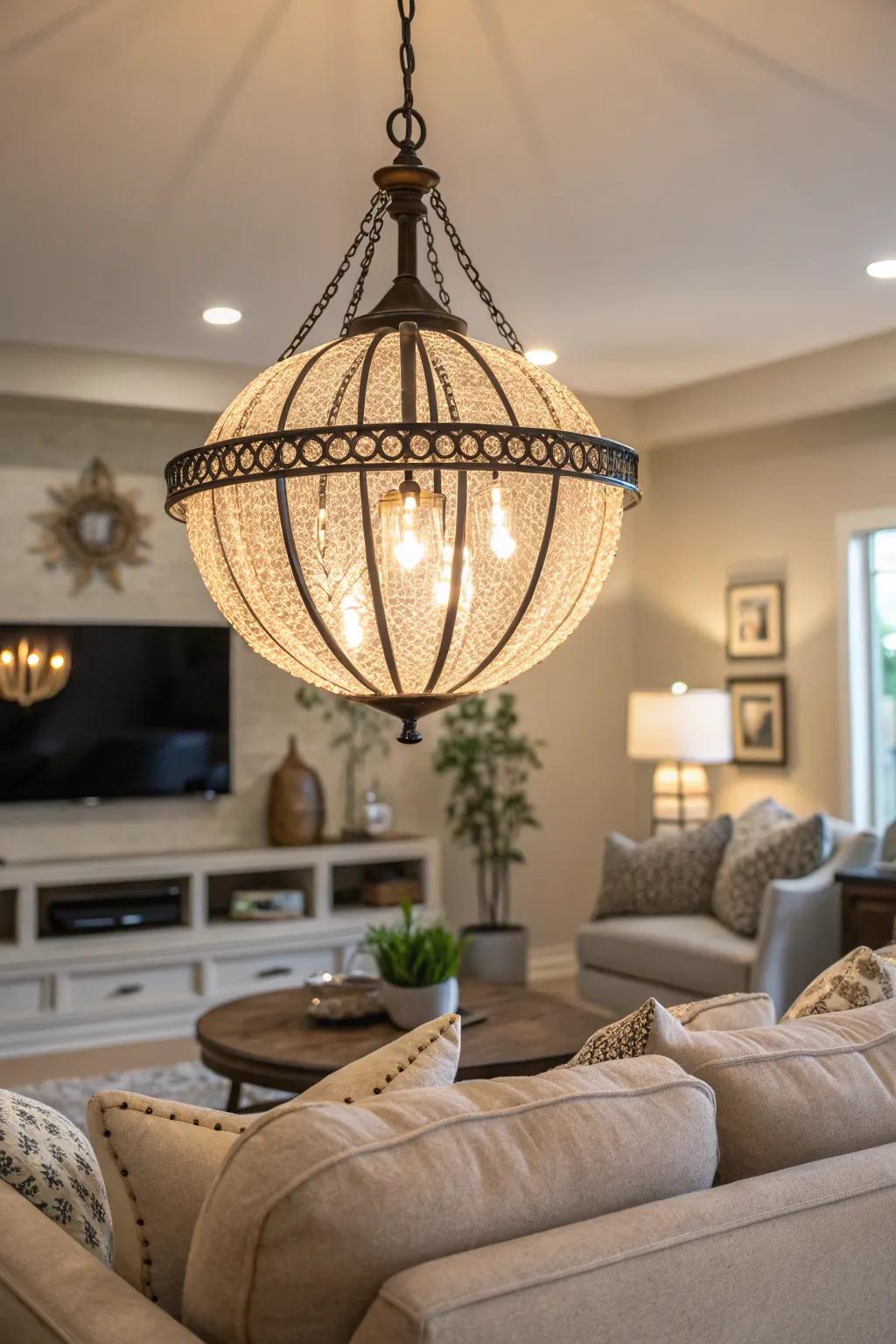 A bold light fixture serves as the centerpiece of this stylish living room.