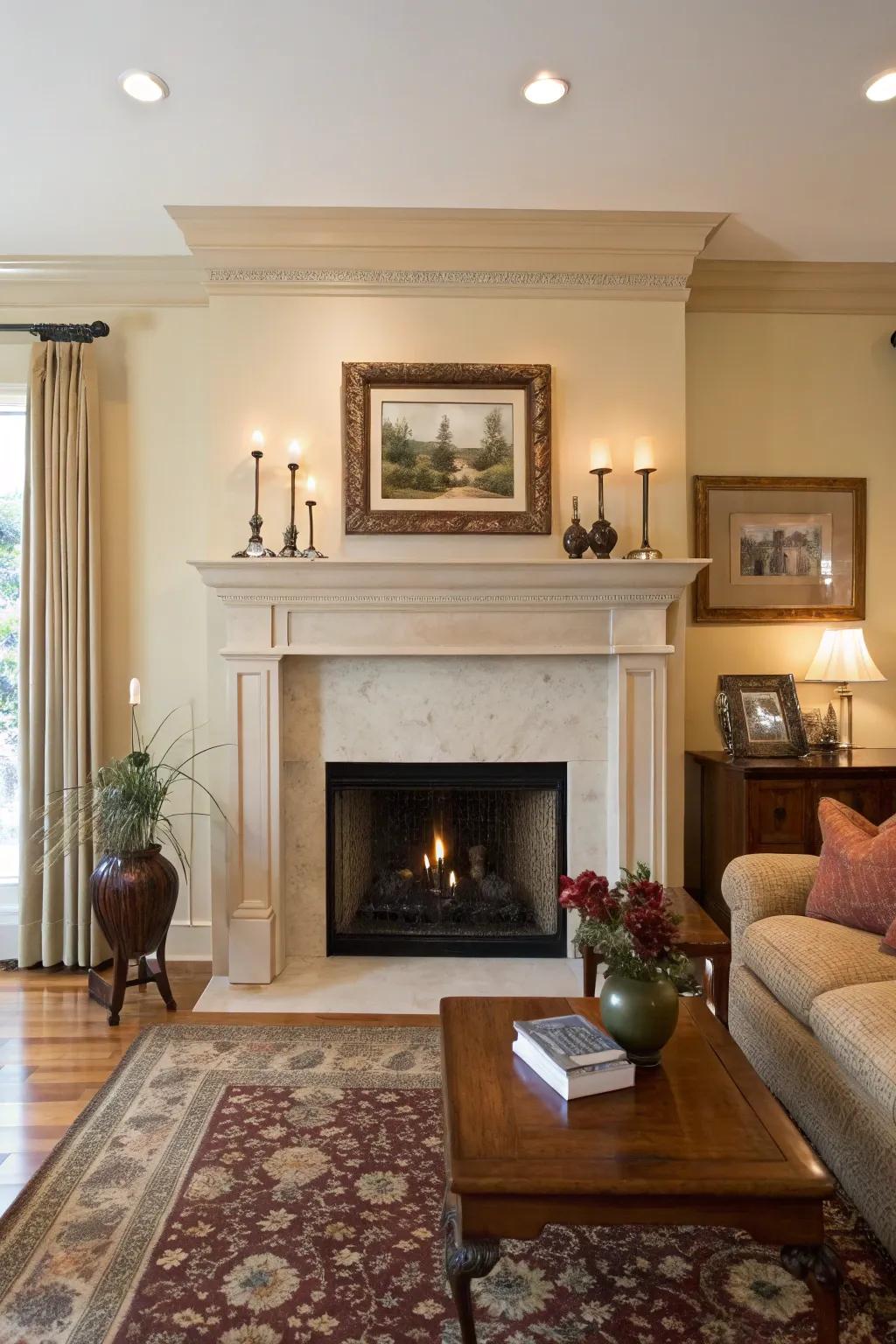 A tastefully decorated mantel enhances this cozy living room.