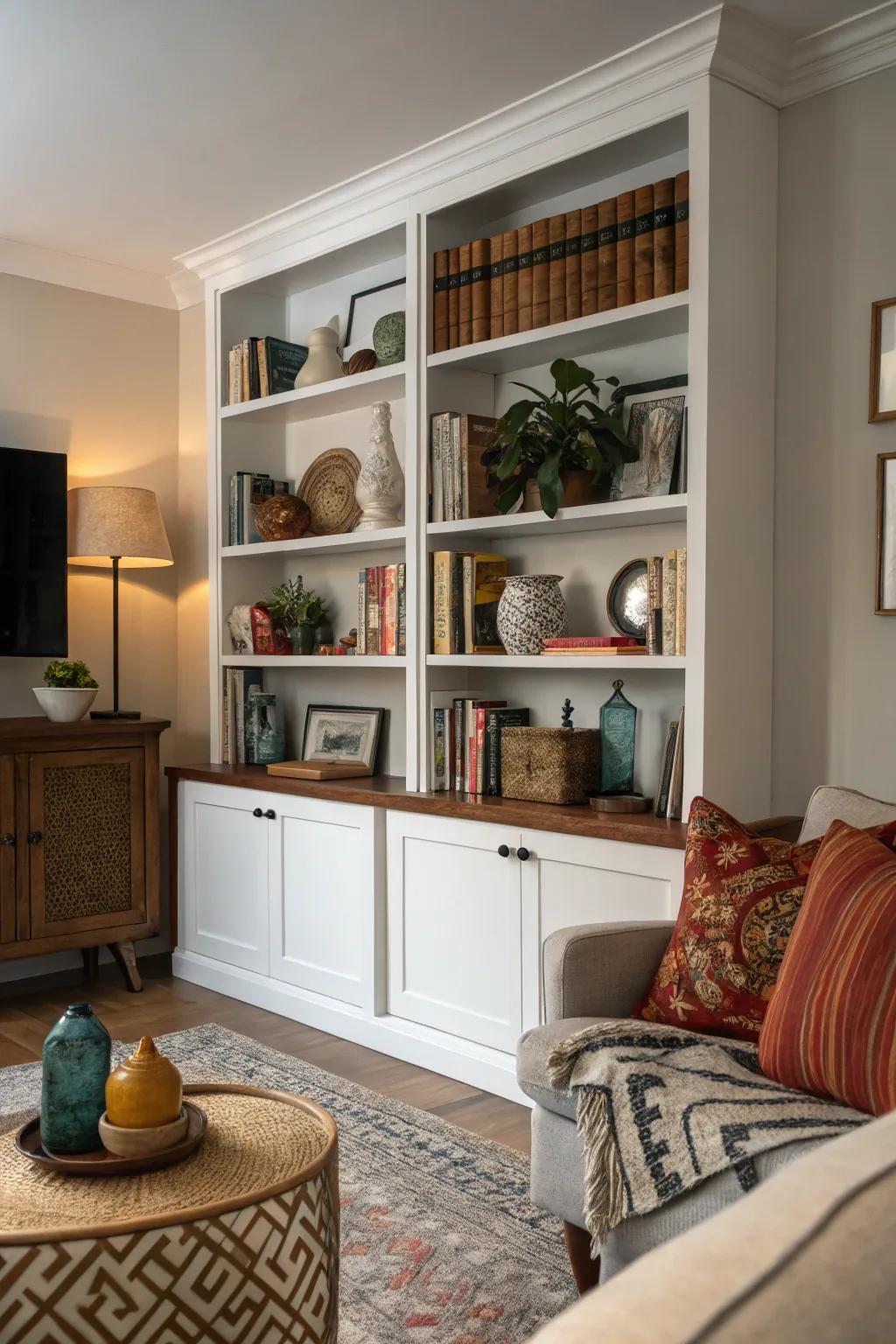 Open shelves combine practicality and style in this elegant living room.