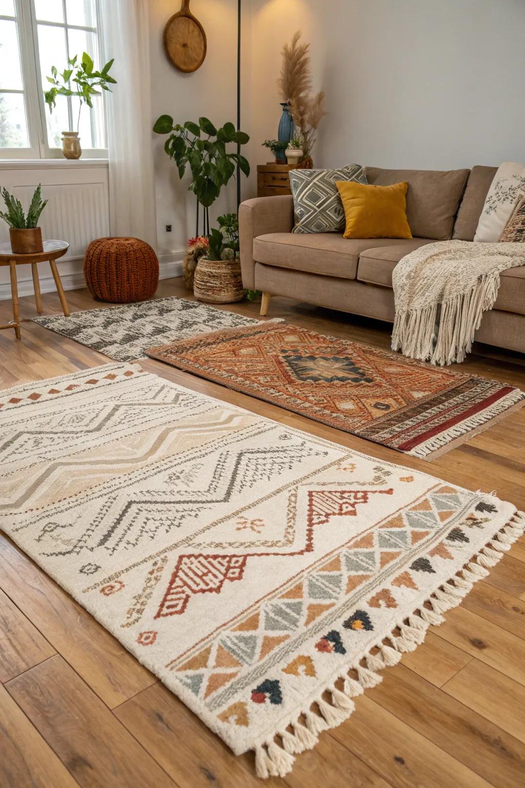Layered rugs add warmth and dimension to this inviting living room.