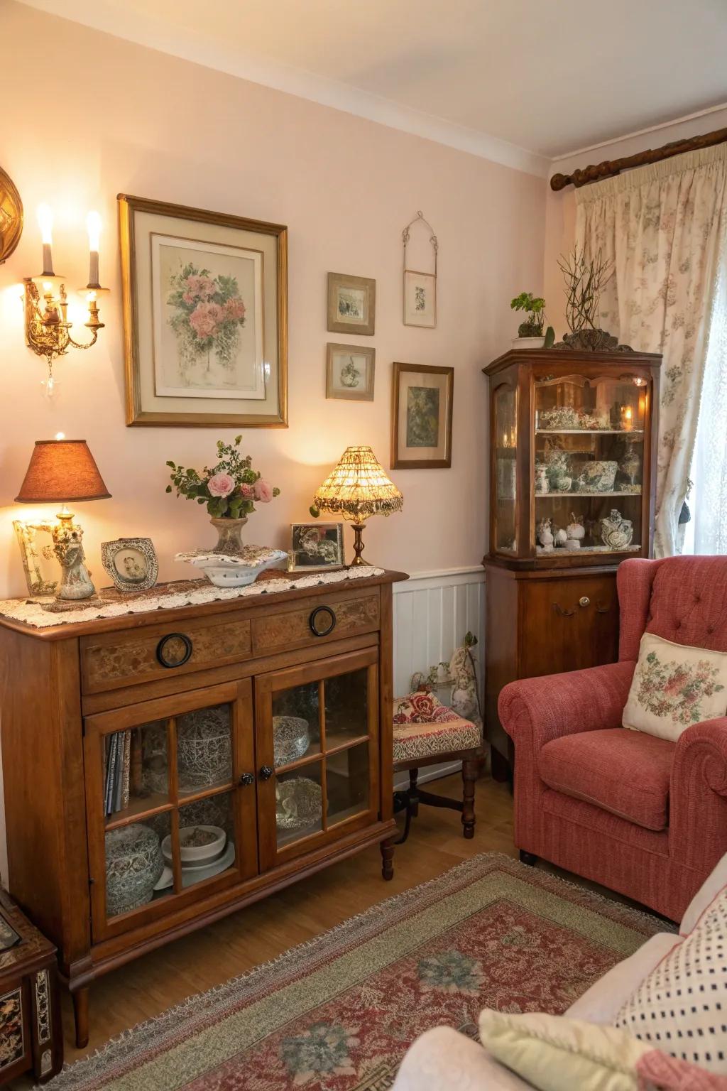 Vintage treasures add warmth and personality to this stylish living room.