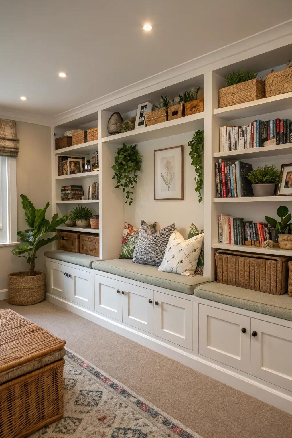 Clever storage solutions keep this living room neat and stylish.