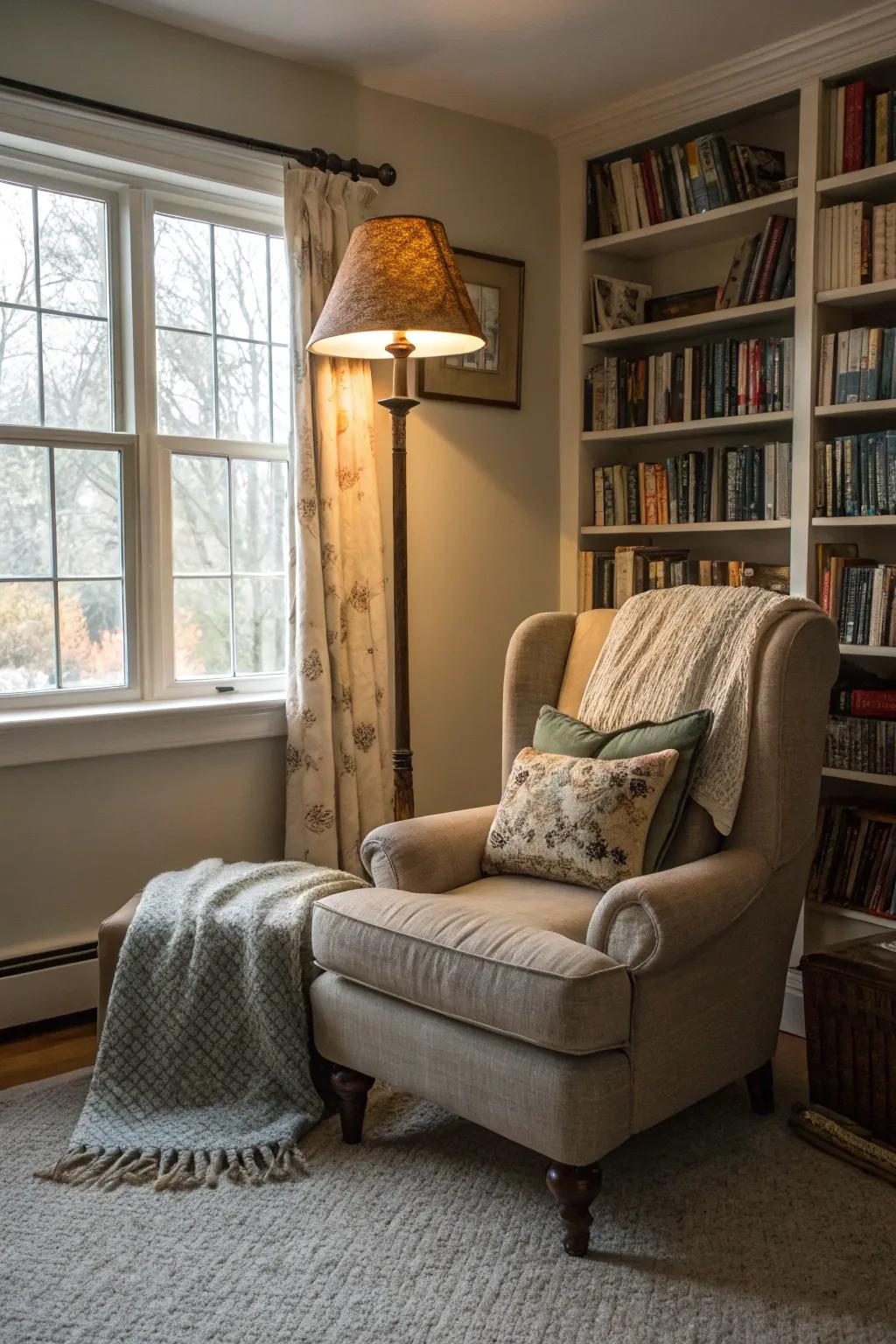 A snug reading nook offers a peaceful retreat in this serene living room.