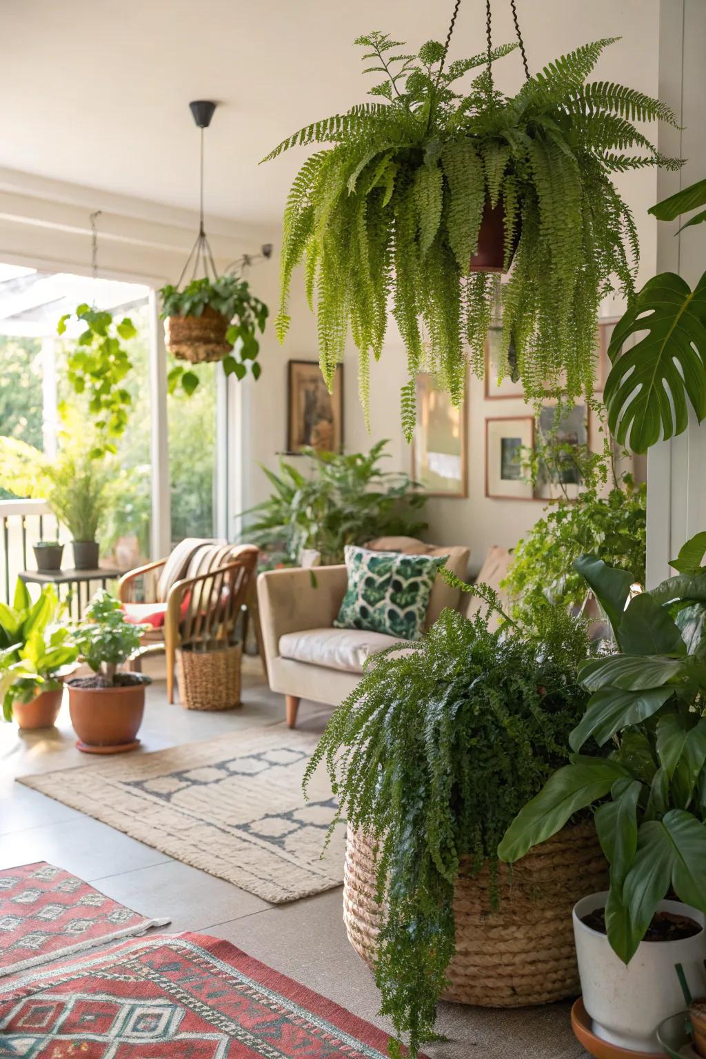 Vibrant greenery breathes life into this tranquil living room.