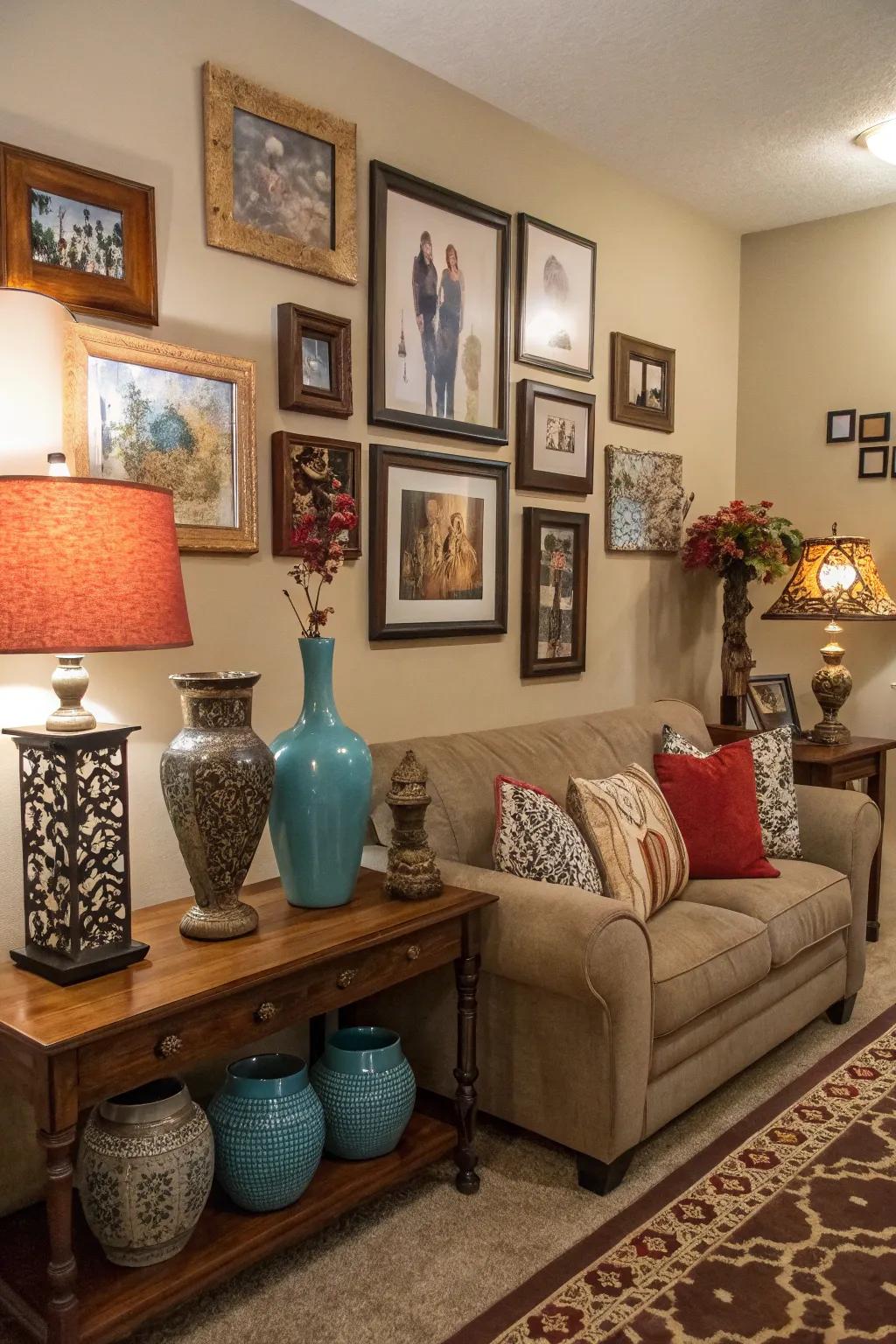 Personalized wall art and decor add character to this inviting living room.
