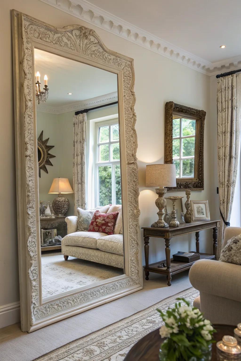Mirrors brighten and visually expand this airy living room.
