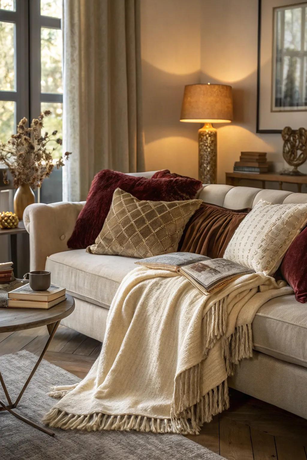Textured fabrics add depth and comfort to this cozy living room.