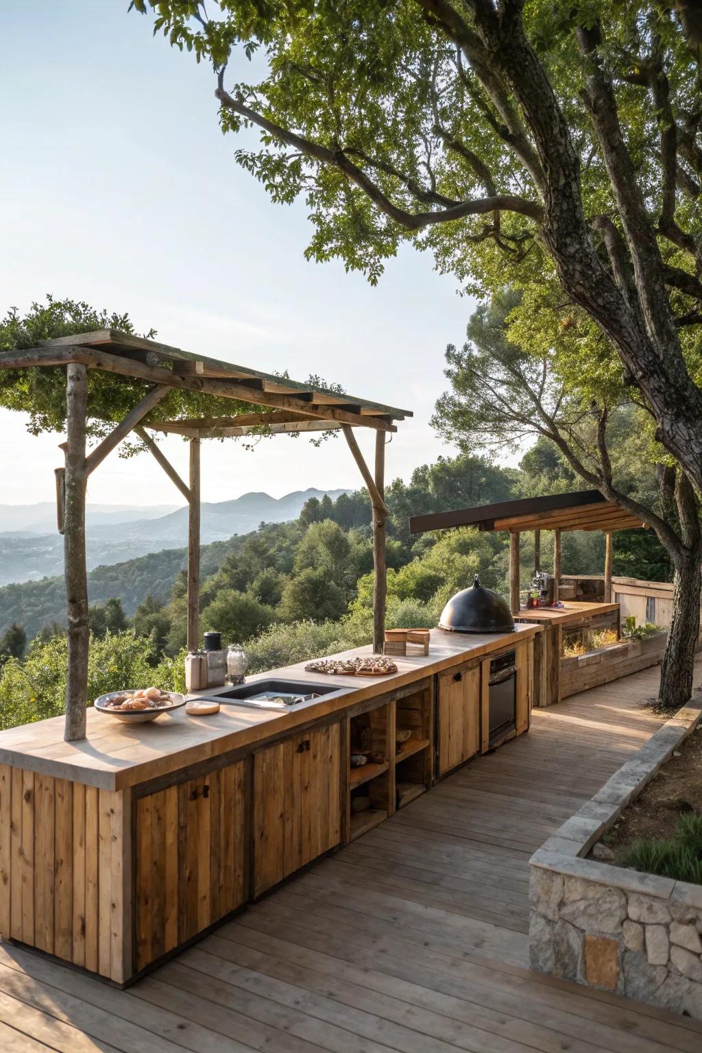 Wood accents add a cozy, rustic vibe to outdoor kitchens.