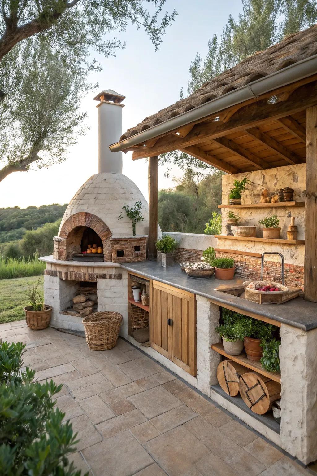 Brick ovens combine functionality with rustic beauty in outdoor kitchens.