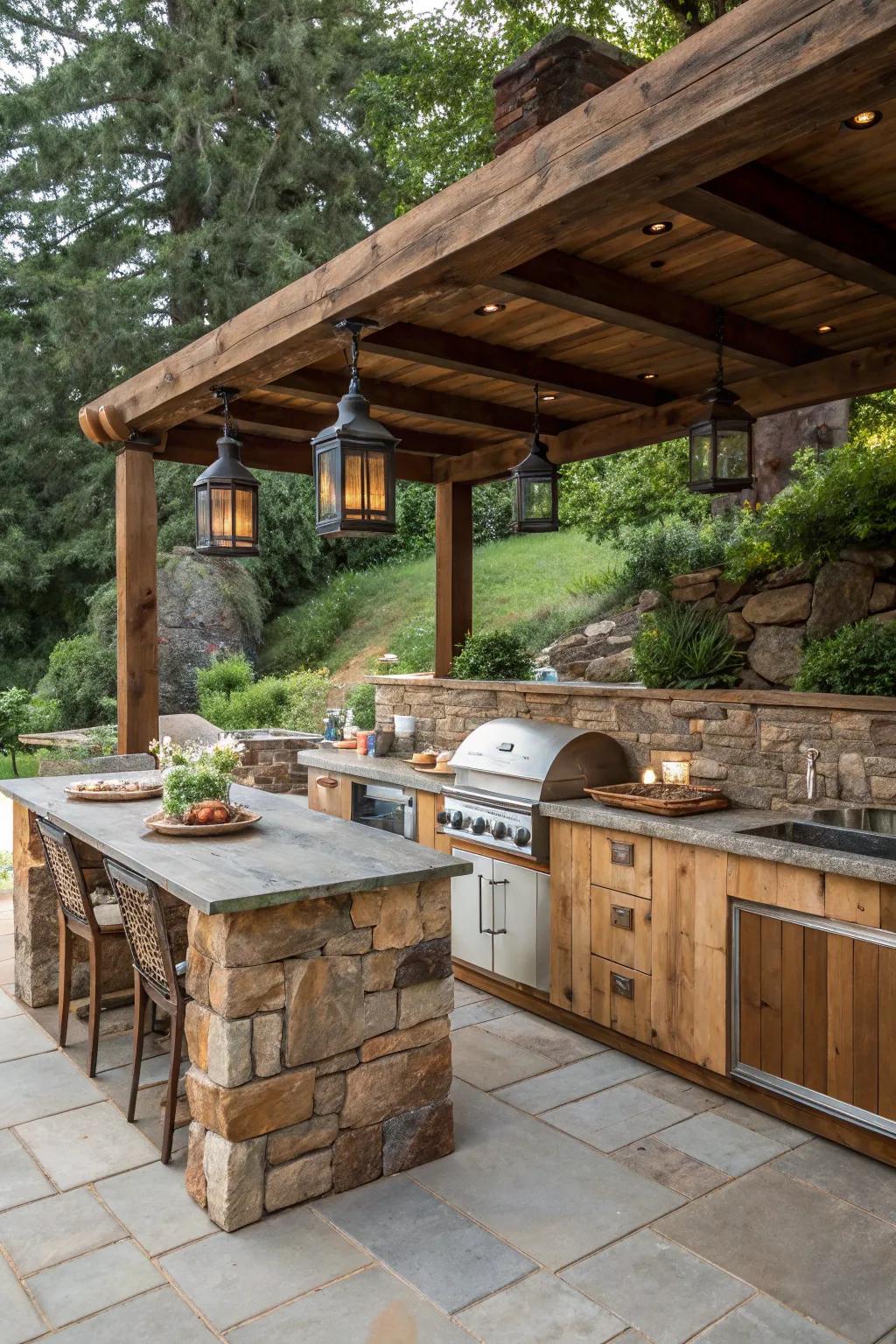 Reclaimed materials add character and sustainability to outdoor kitchens.