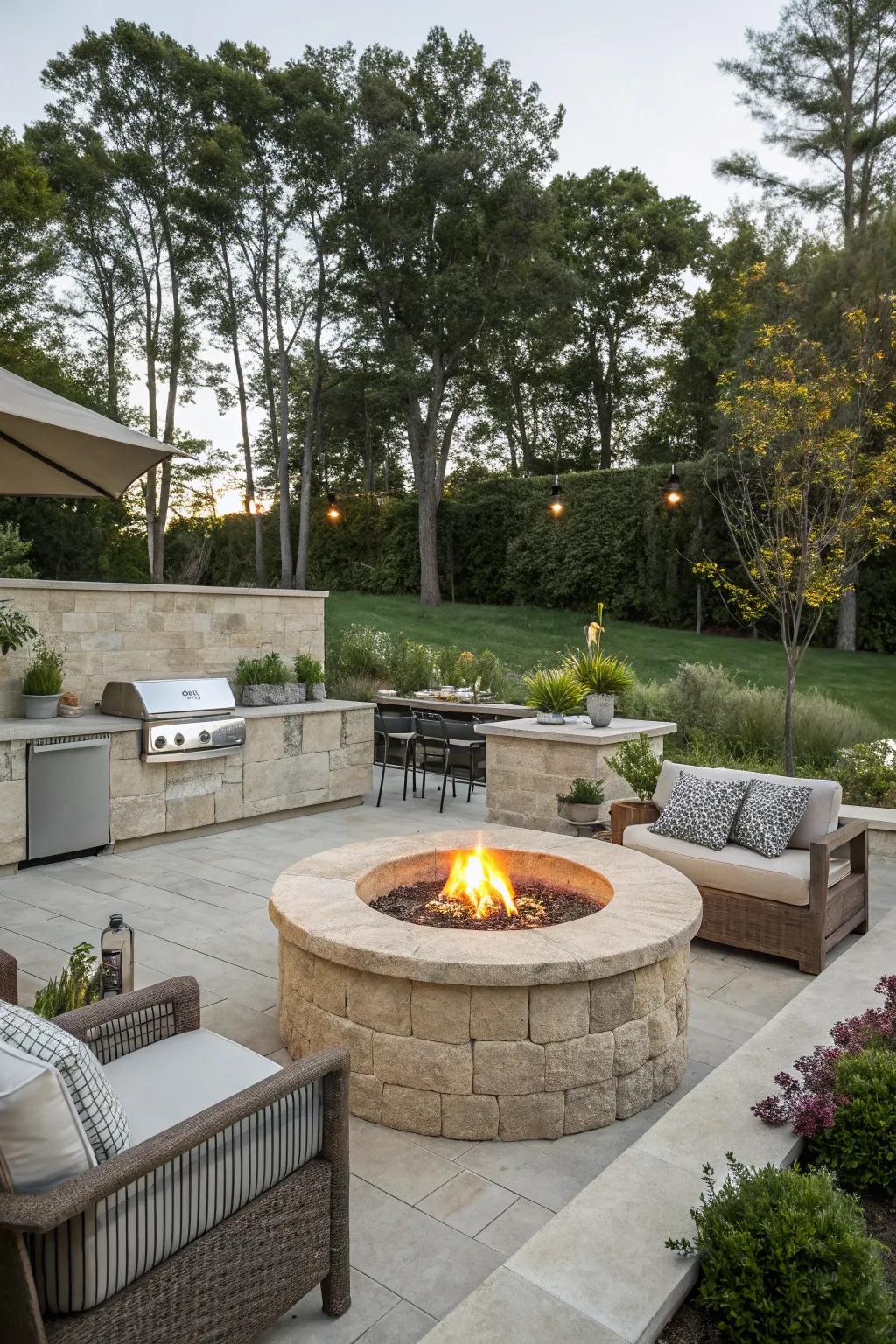 Firepits serve as a focal point for cooking and socializing outdoors.