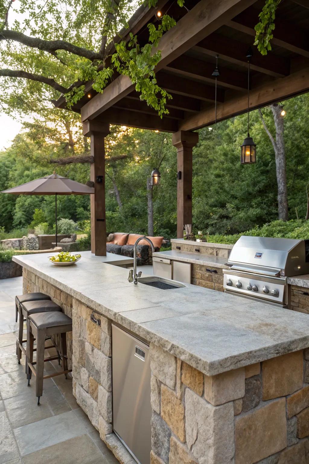 Stone countertops combine ruggedness with natural beauty outdoors.