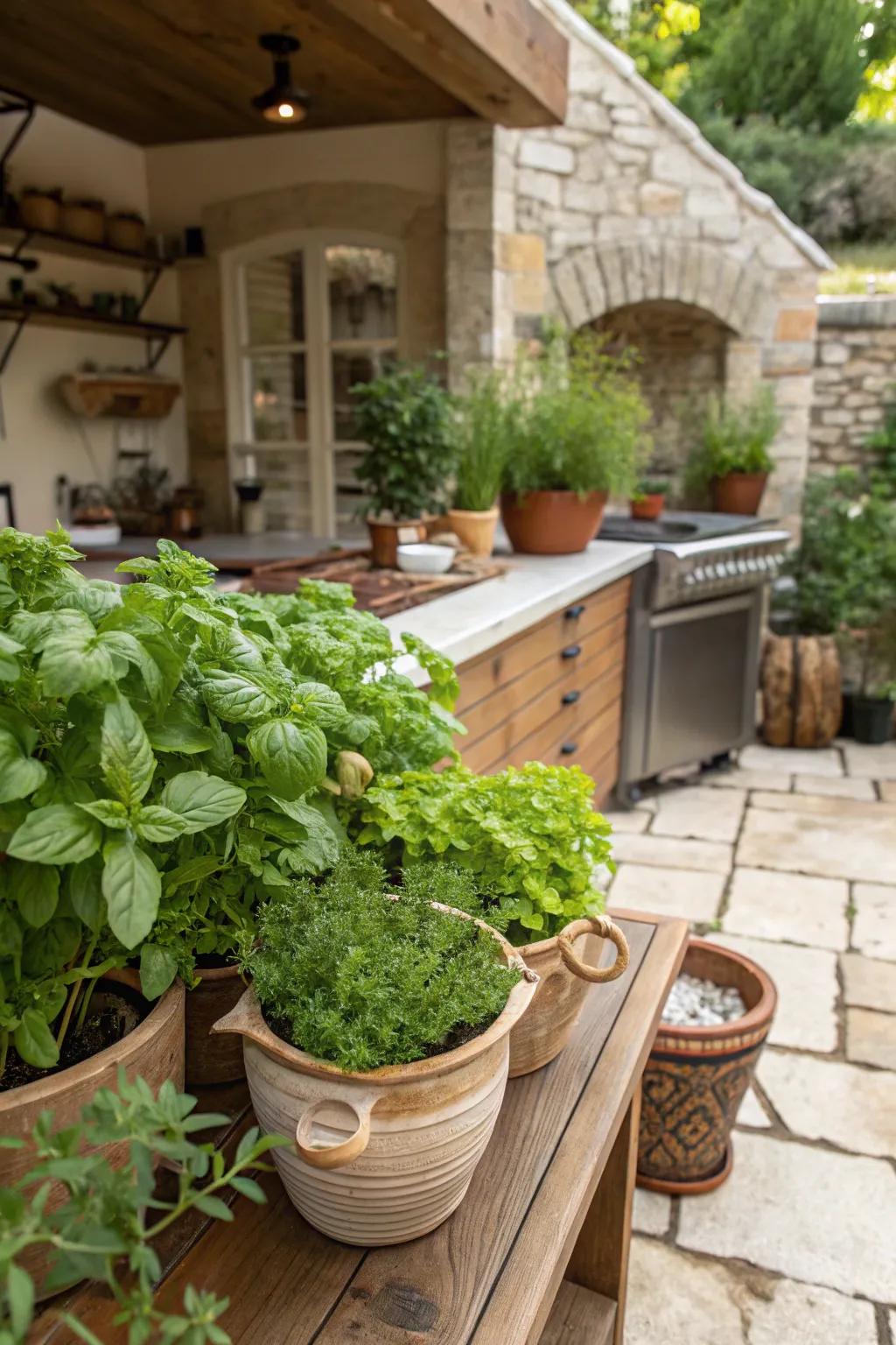 Herb gardens add flavor and greenery to outdoor kitchens.