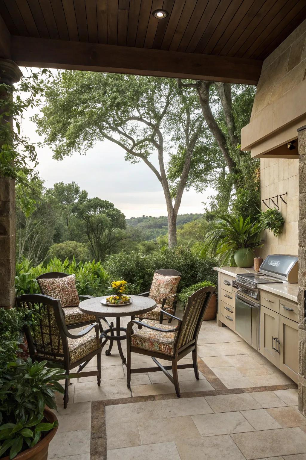 Comfortable seating areas create inviting social spaces in outdoor kitchens.