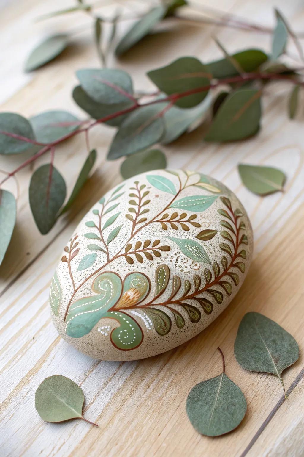 Bring the outdoors inside with rock paintings featuring leaves, vines, and other natural elements.