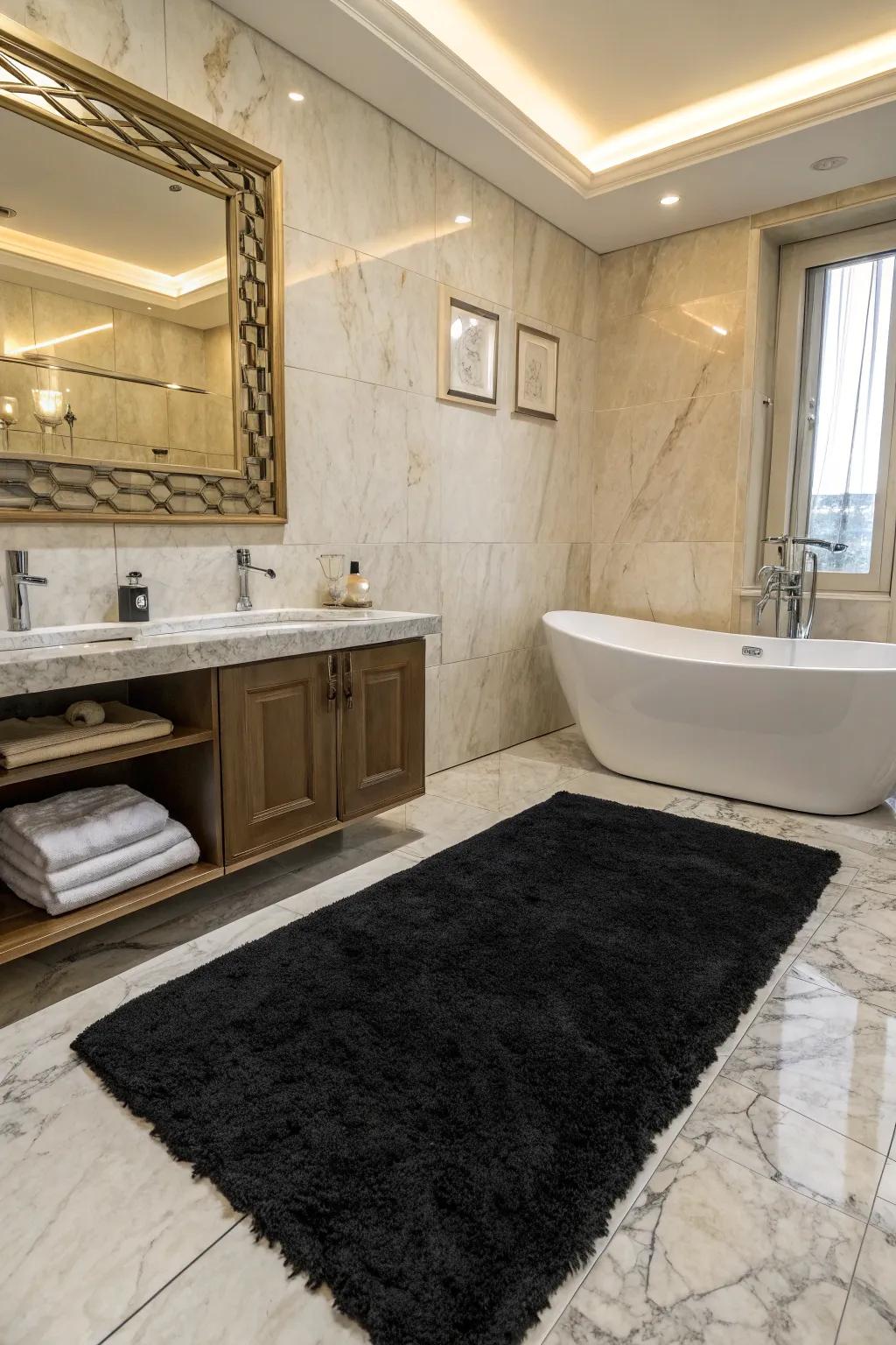 A black rug in the bathroom adds a luxurious and unexpected touch.