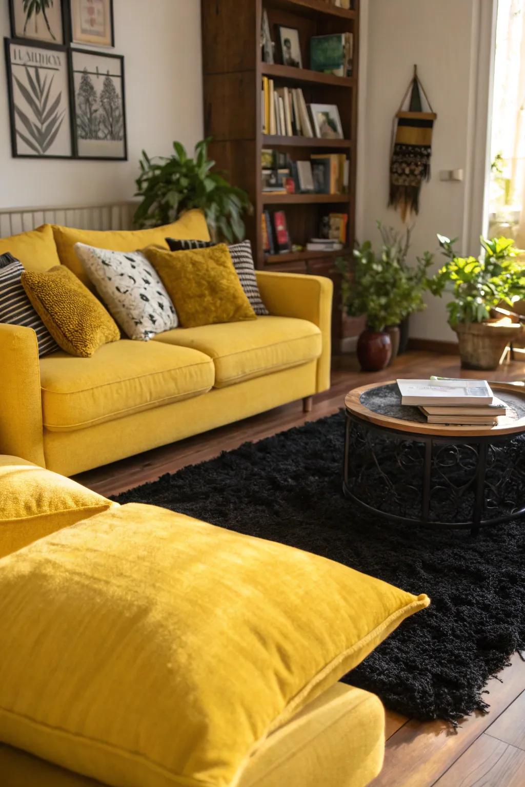 Vivid color accents paired with a black rug energize and brighten the room.