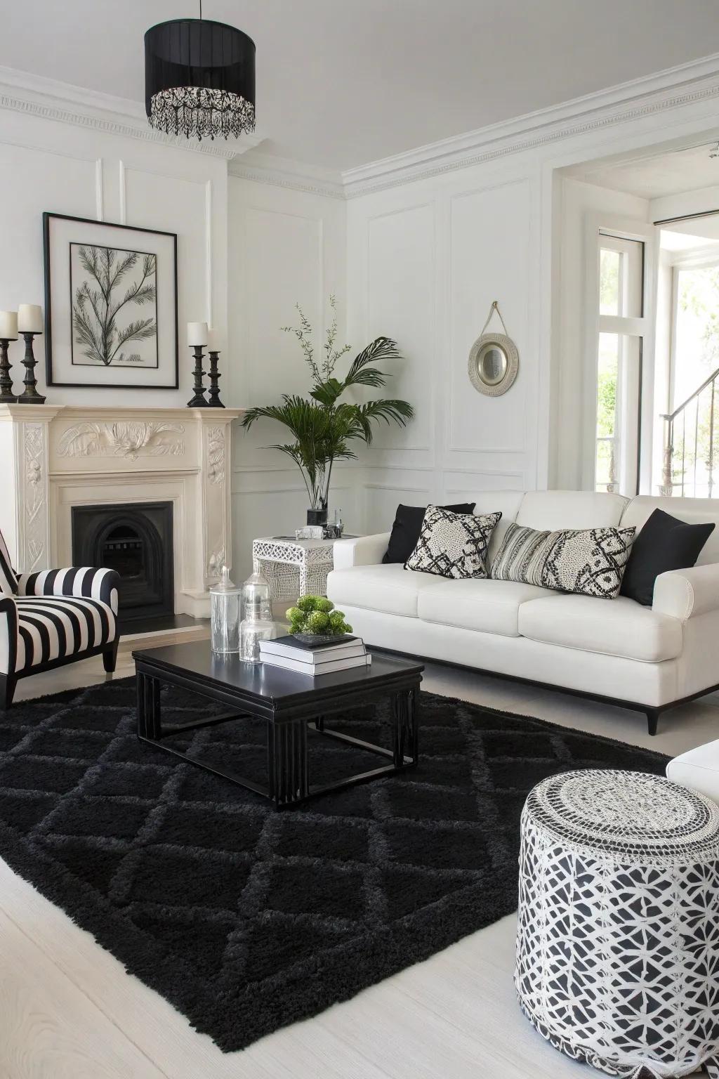 A black rug paired with monochrome decor creates a timeless and chic look.