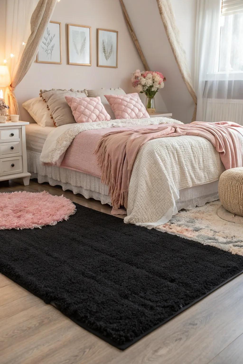 Black rugs add a luxurious and cozy feel to bedroom interiors.