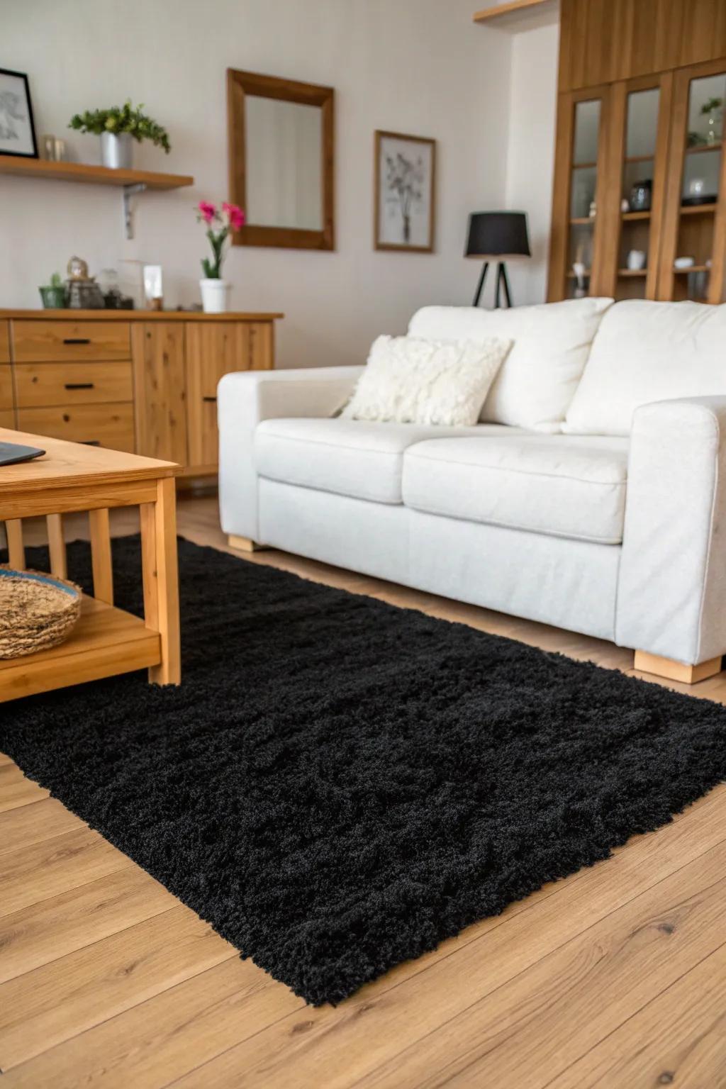Light furniture paired with a black rug creates a striking and modern contrast.