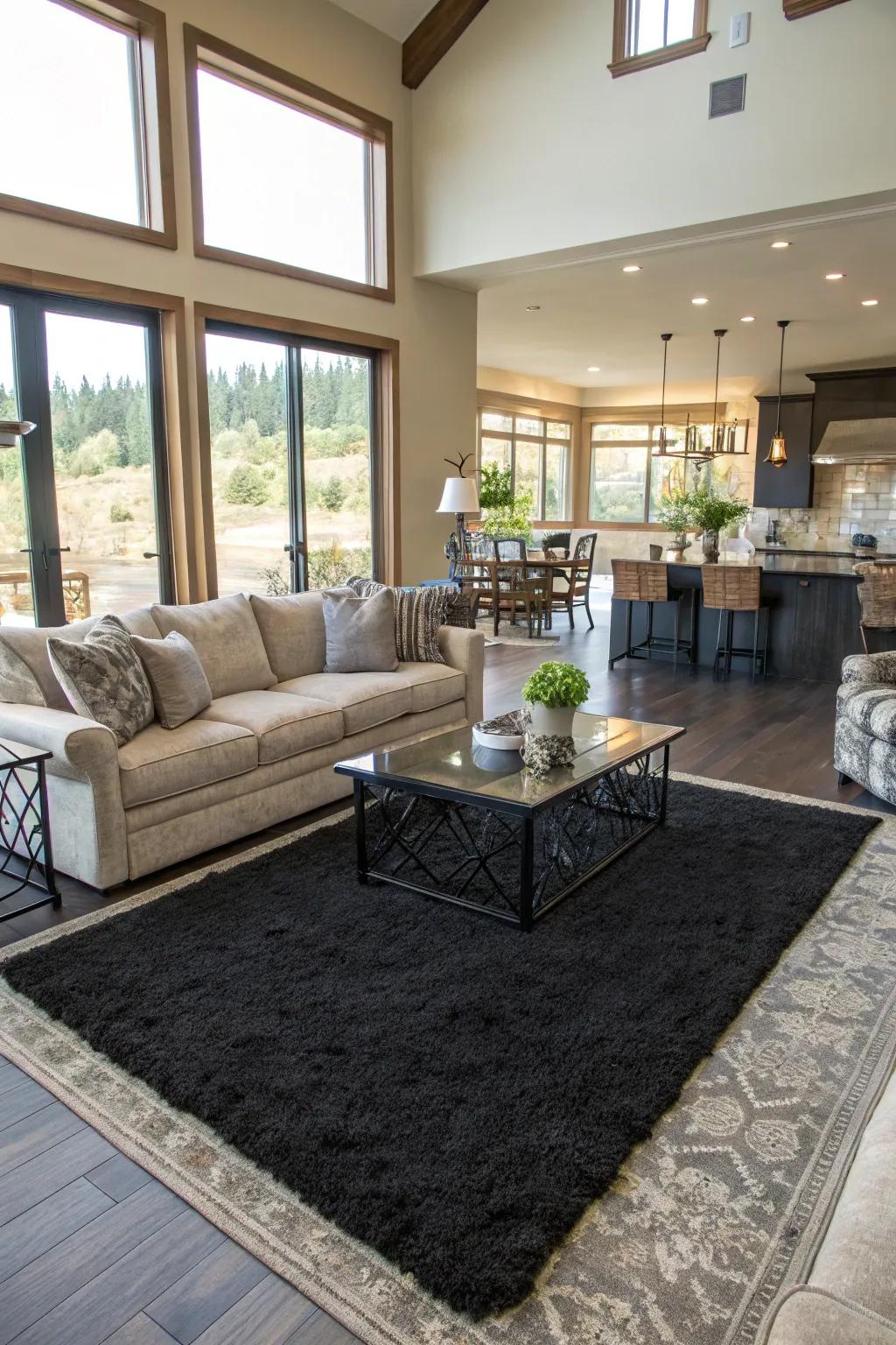 Black rugs effectively delineate areas within open floor plans.