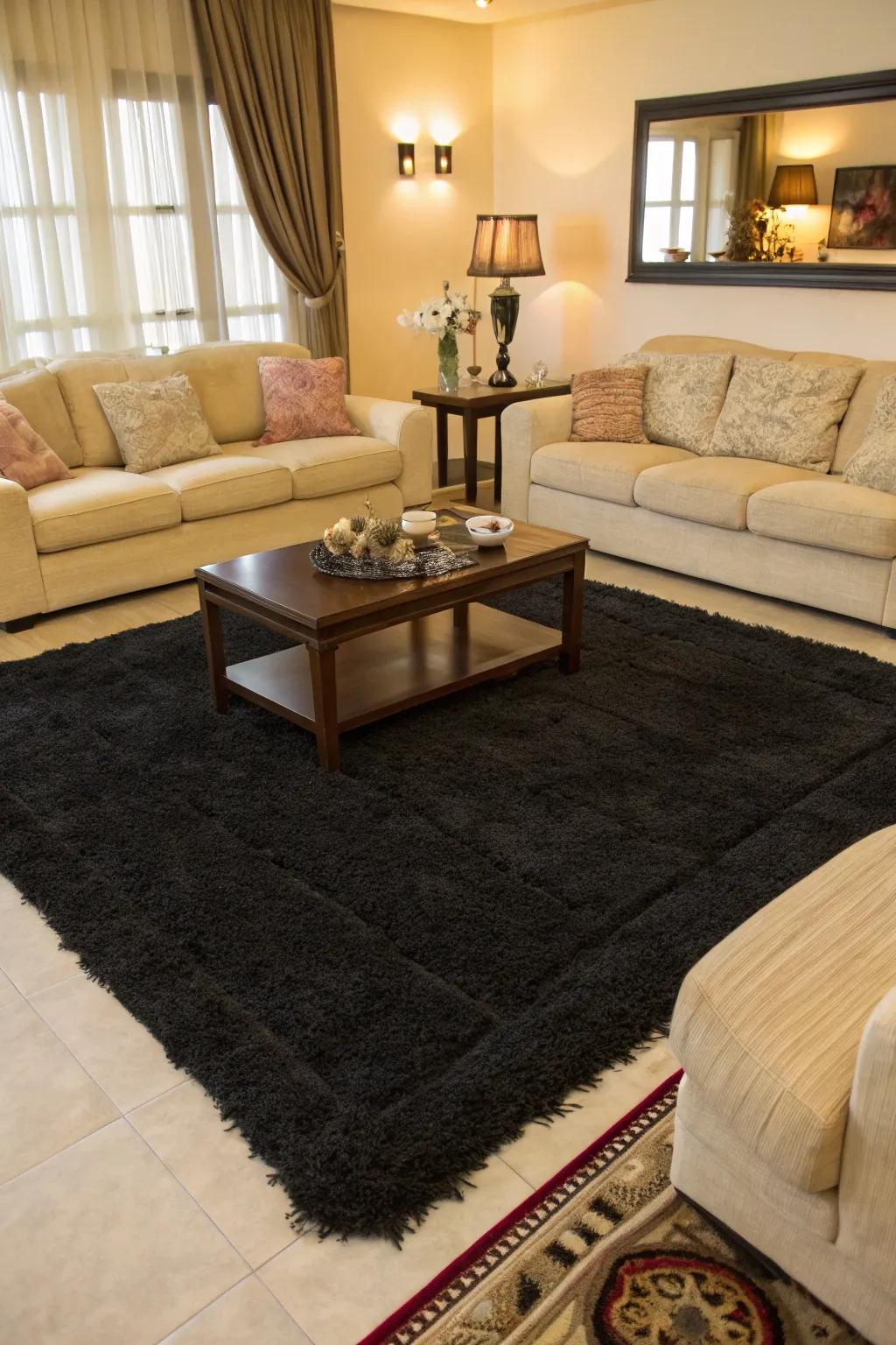 A black rug anchors the living room, creating a unified and welcoming space.