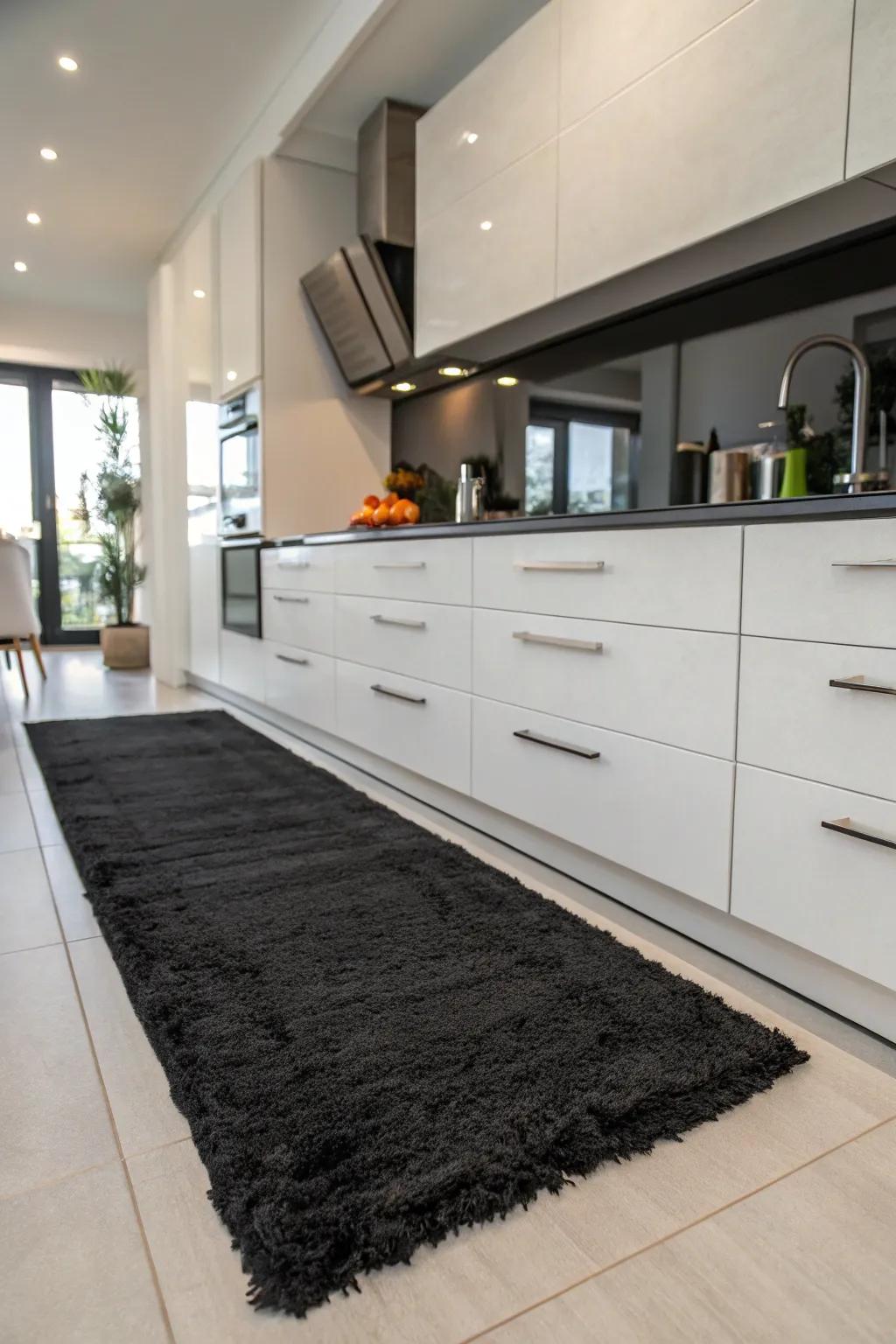 A black rug in the kitchen adds unexpected sophistication and comfort.