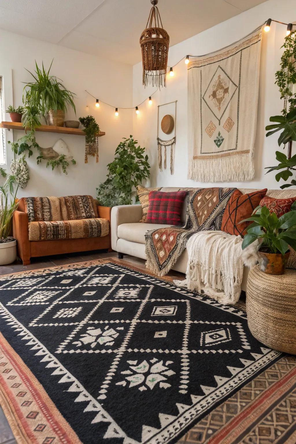 Black rugs featuring boho patterns add a relaxed and eclectic vibe.