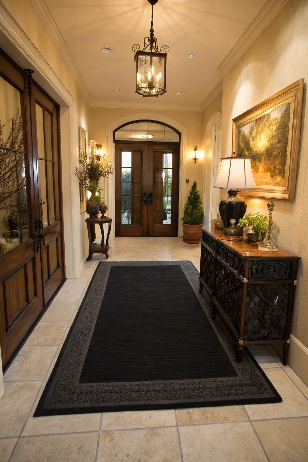 A bold black rug in the entryway sets a sophisticated tone for your home.